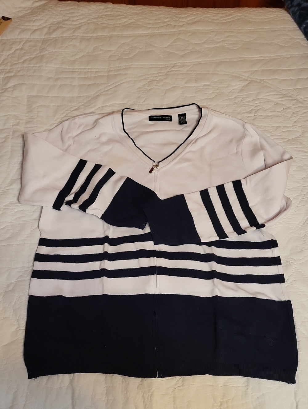 Valerie Stevens White and Navy Striped Zip-Up Sweater